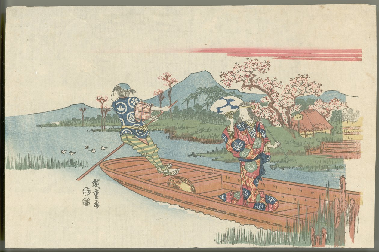 Krankzinnige vrouw op een veerboot nabij de tempel Mokubōji (scène uit het nō-spel Sumidagawa) door Utagawa Hiroshige