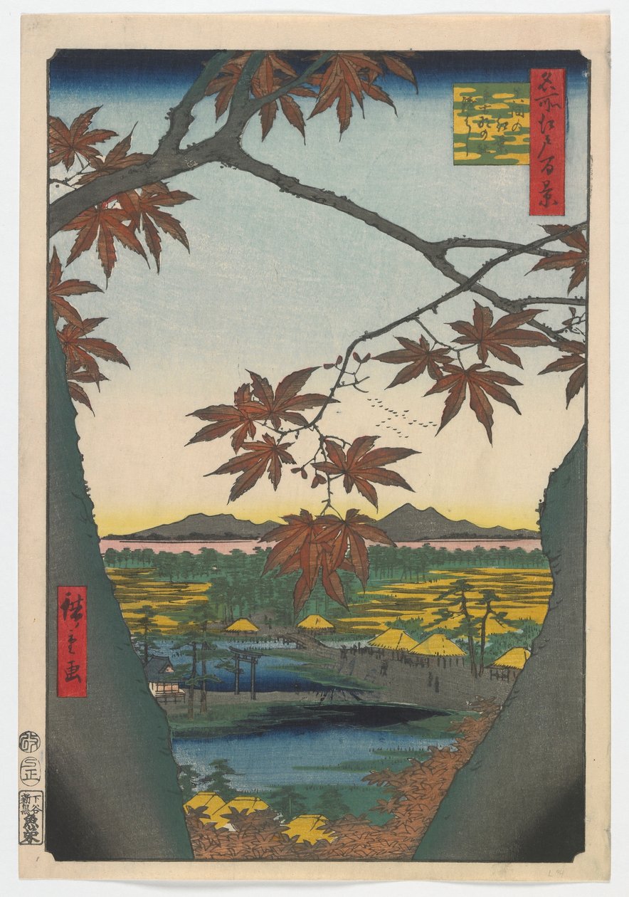 Esdoorns bij Mama, Tekona-schrijn en verbonden brug, Edo-periode, 1857 door Utagawa Hiroshige