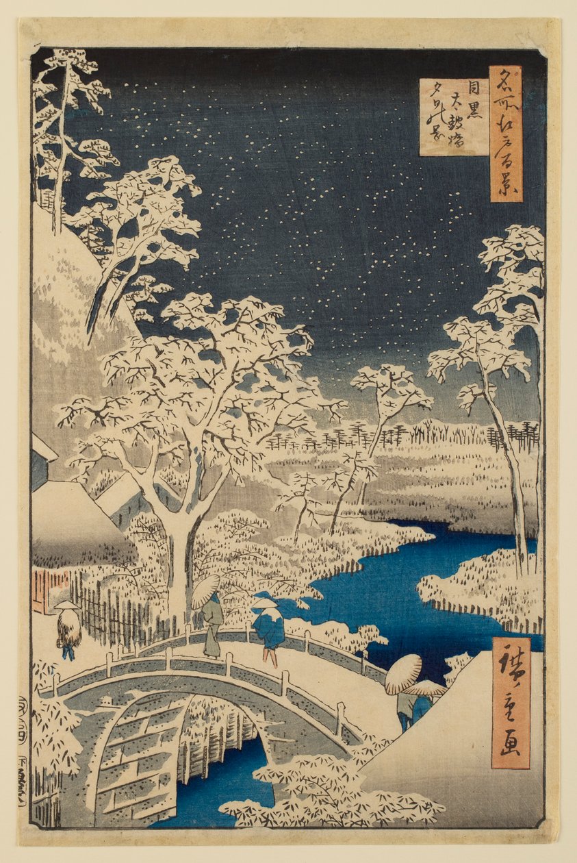 Meguro-trommelbrug en Zonsondergangheuvel, uit de serie „Honderd beroemde gezichten op Edo“ door Utagawa Hiroshige