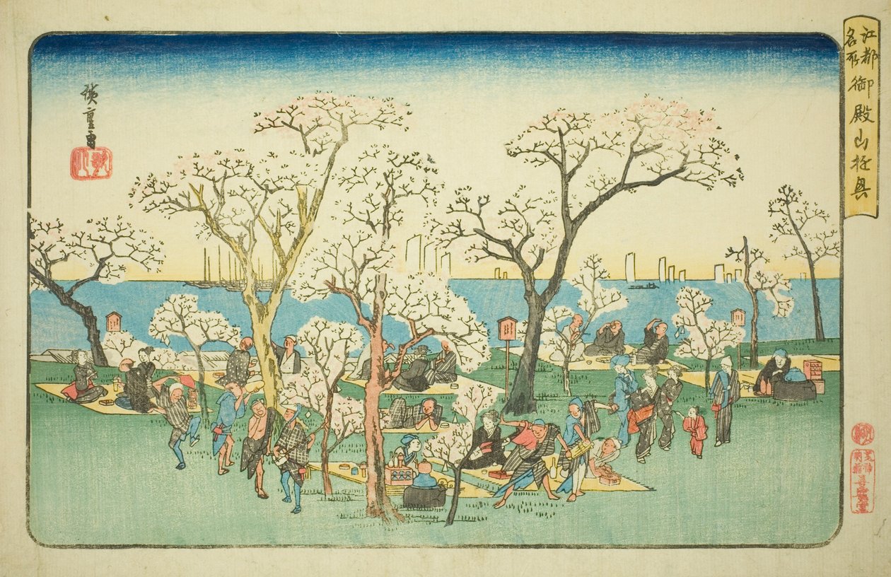 Feestvieren op Goten Heuvel (Gotenyama yukyo), uit de serie "Beroemde Plaatsen in Edo (Koto meisho)" door Utagawa Hiroshige