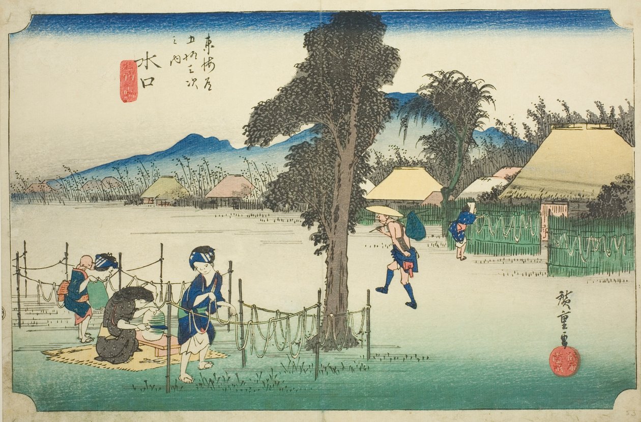 Minakuchi: Gedroogde Kalebasschillen, een Lokale Specialiteit, uit de serie "Drieënvijftig Stations van de Tokaido," ook bekend als de Hoeido Tokaido door Utagawa Hiroshige