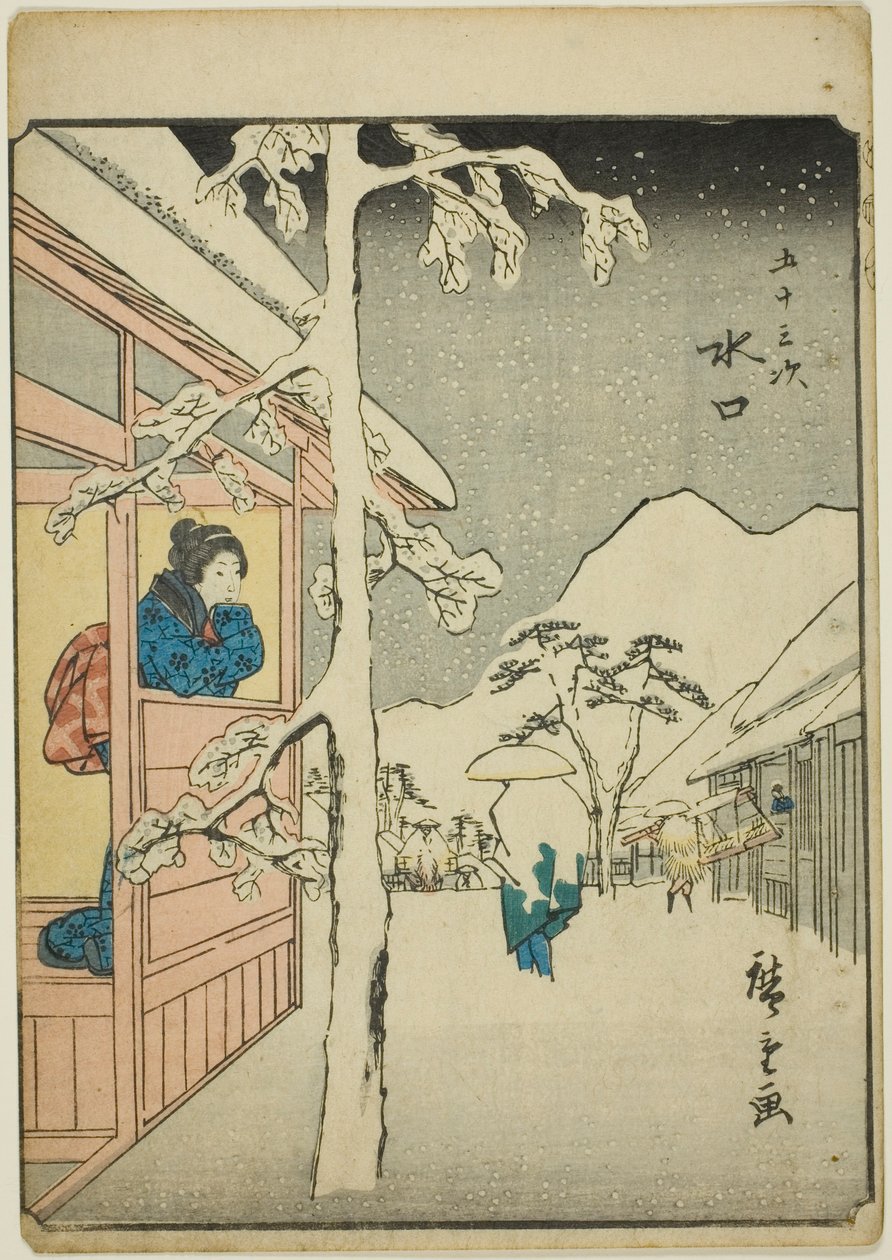 Minakuchi, uit de serie "Drieënvijftig stations [van de Tokaido] (Gojusan tsugi)," ook bekend als de Figuren Tokaido (Jinbutsu Tokaido) door Utagawa Hiroshige