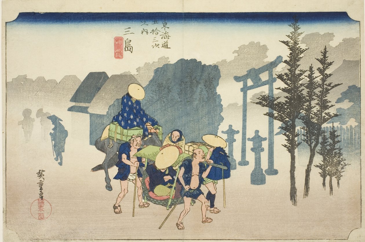 Mishima: Ochtendmist (Mishima, asagiri), uit de serie "Drieënvijftig Stations van de Tokaido Weg (Tokaido gojusan tsugi no uchi)", ook bekend als de Hoeido Tokaido door Utagawa Hiroshige