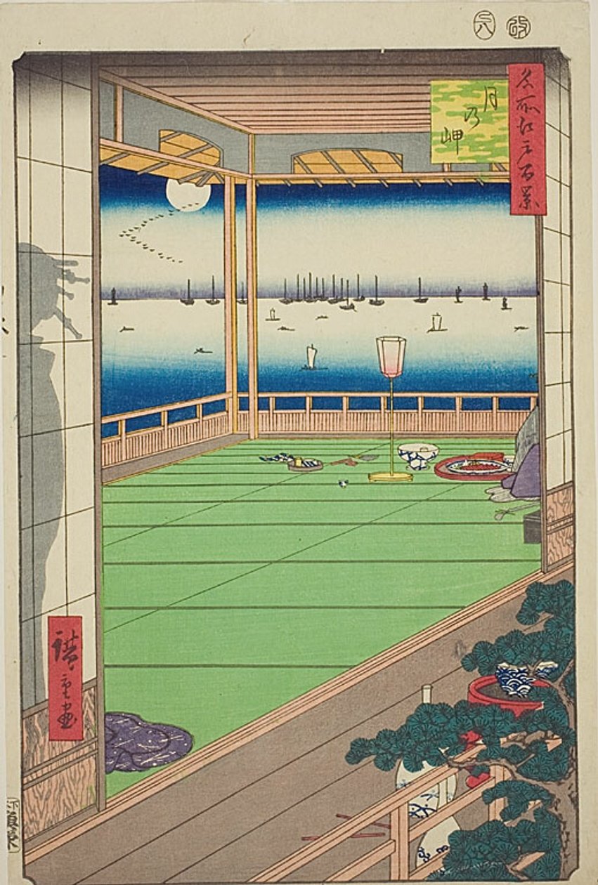 Maangezicht (Tsuki no misaki), nr.82 uit de serie "Honderd beroemde vergezichten van Edo (Meisho Edo hyakkei)". door Utagawa Hiroshige