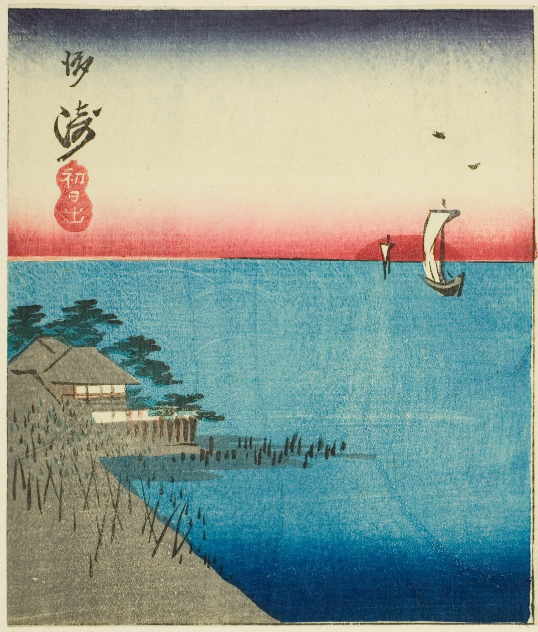 Ochtendmarkt bij Nihon Brug, deel van een blad uit de serie "Uitknipsels van Beroemde Plaatsen in Edo" door Utagawa Hiroshige