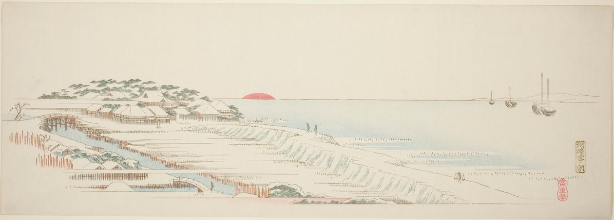 Ochtendsneeuw bij Susaki (Susaki yuki no asa), uit de serie "Dertien uitzichten van de omgeving van Edo" door Utagawa Hiroshige