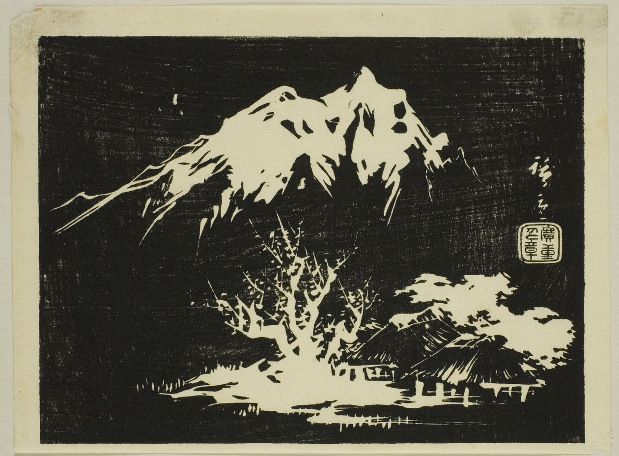 Berglandschap, sectie van een ongetitelde harimaze print door Utagawa Hiroshige