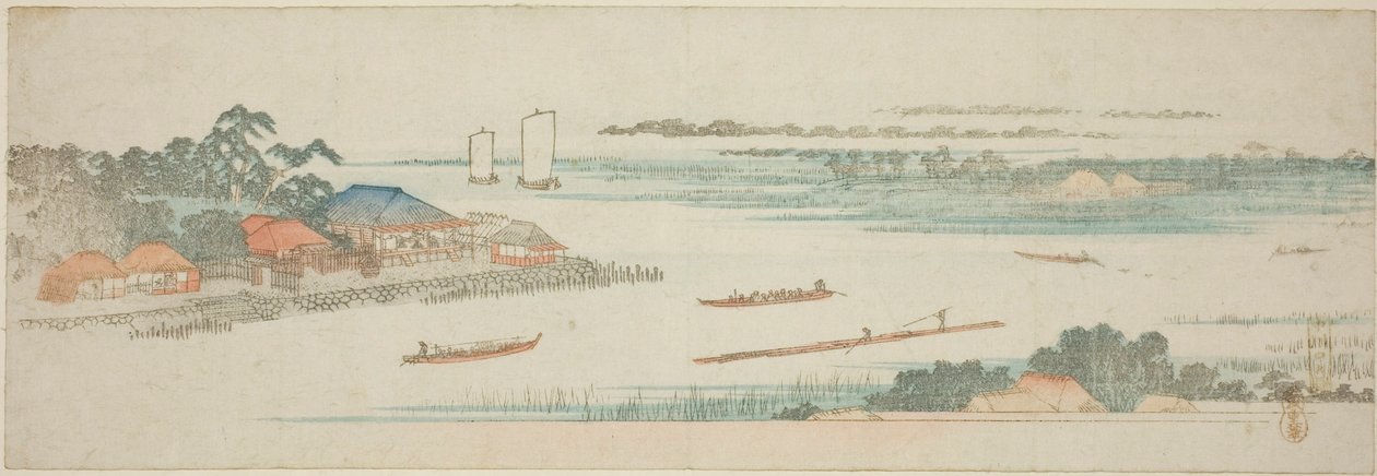 Monding van de Naka-rivier (Nakagawa guchi no zu), uit een ongetitelde serie beroemde uitzichten van de buitenwijken van Edo door Utagawa Hiroshige