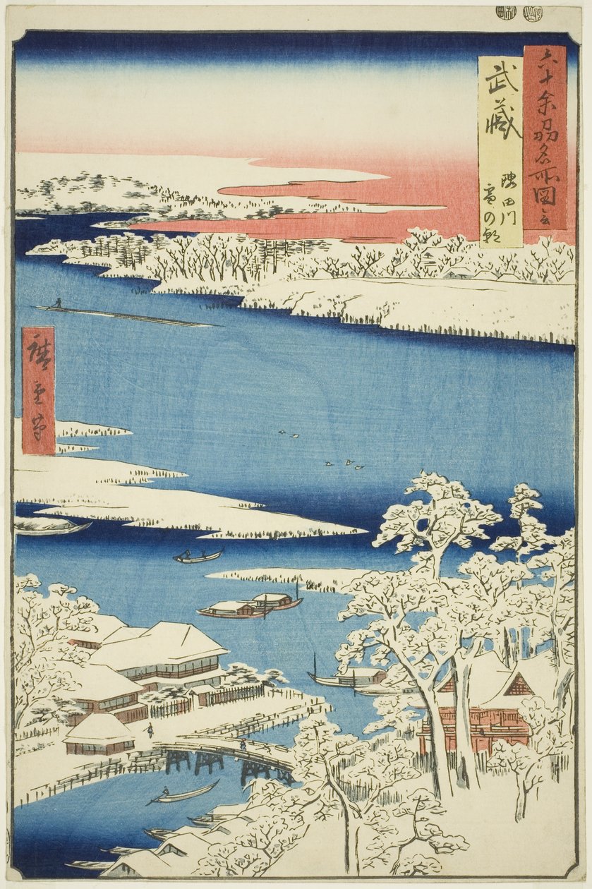 Musashi Provincie: Ochtend na sneeuw op de Sumida Rivier (Musashi, Sumidagawa yuki no ashita), uit de serie "Beroemde plaatsen in de zestig-odd provincies (Rokujuyoshu meisho zue)" door Utagawa Hiroshige