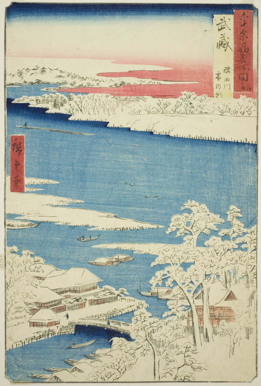 Musashi Provincie: Ochtend na Sneeuw op de Sumida Rivier (Musashi, Sumidagawa yuki no ashita), uit de serie "Beroemde Plaatsen in de Zestig-odd Provincies (Rokujuyoshu meisho zue)" door Utagawa Hiroshige