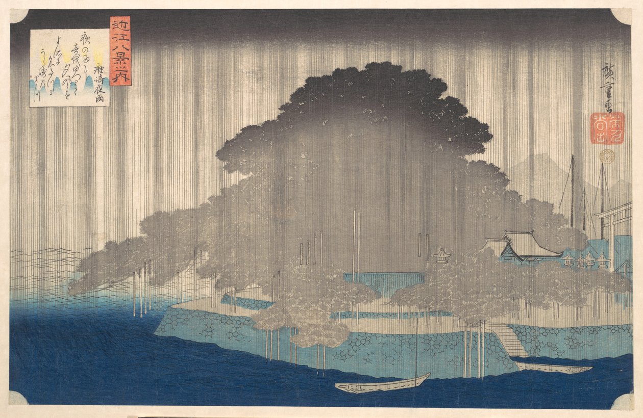 Nachtregen bij Karasaki, uit de serie Acht gezichten op Ōmi (Ōmi hakkei no uchi) door Utagawa Hiroshige