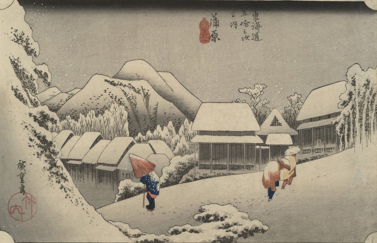 Nachtelijke sneeuw in Kanbara, uit de serie Drieënvijftig stations van de Tōkaidō door Utagawa Hiroshige