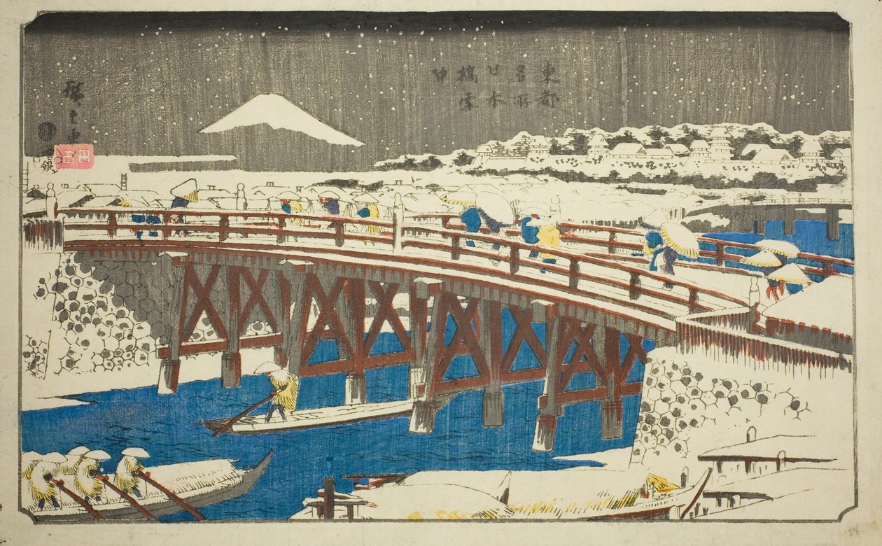 Nihon Brug in de Sneeuw (Nihonbashi setchu), uit de serie "Beroemde Plaatsen in de Oostelijke Hoofdstad (Toto meisho)" door Utagawa Hiroshige