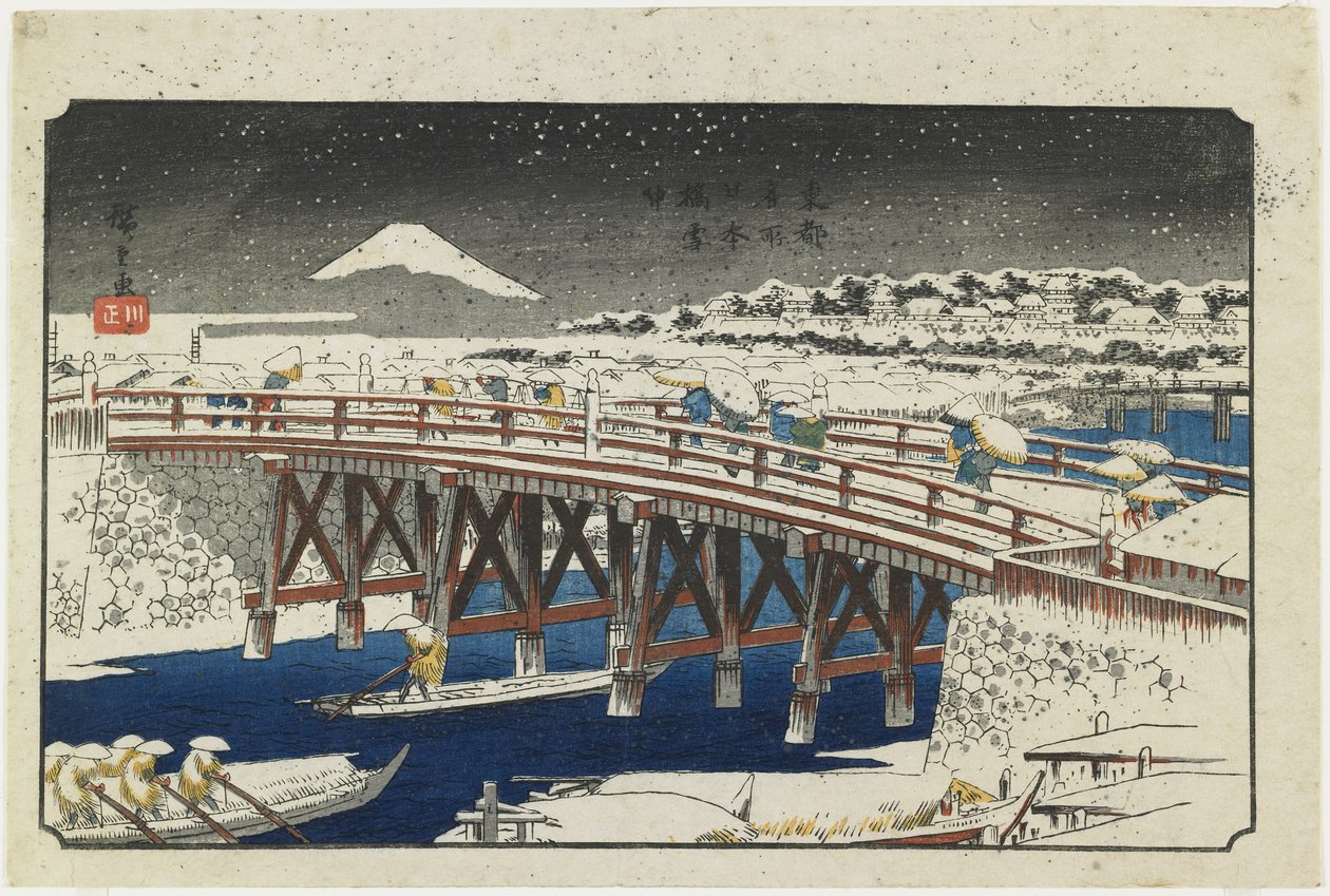 Nihonbashi-brug in de sneeuw, 1839-1842 door Utagawa Hiroshige
