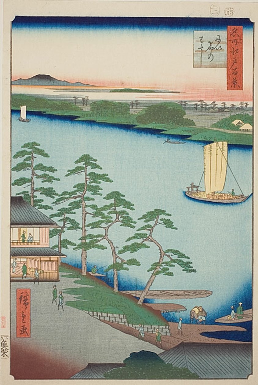 Niijuku veerboot (Niijuku no watashi), nr.93 uit de serie "Honderd beroemde vergezichten van Edo (Meisho Edo hyakkei)". door Utagawa Hiroshige