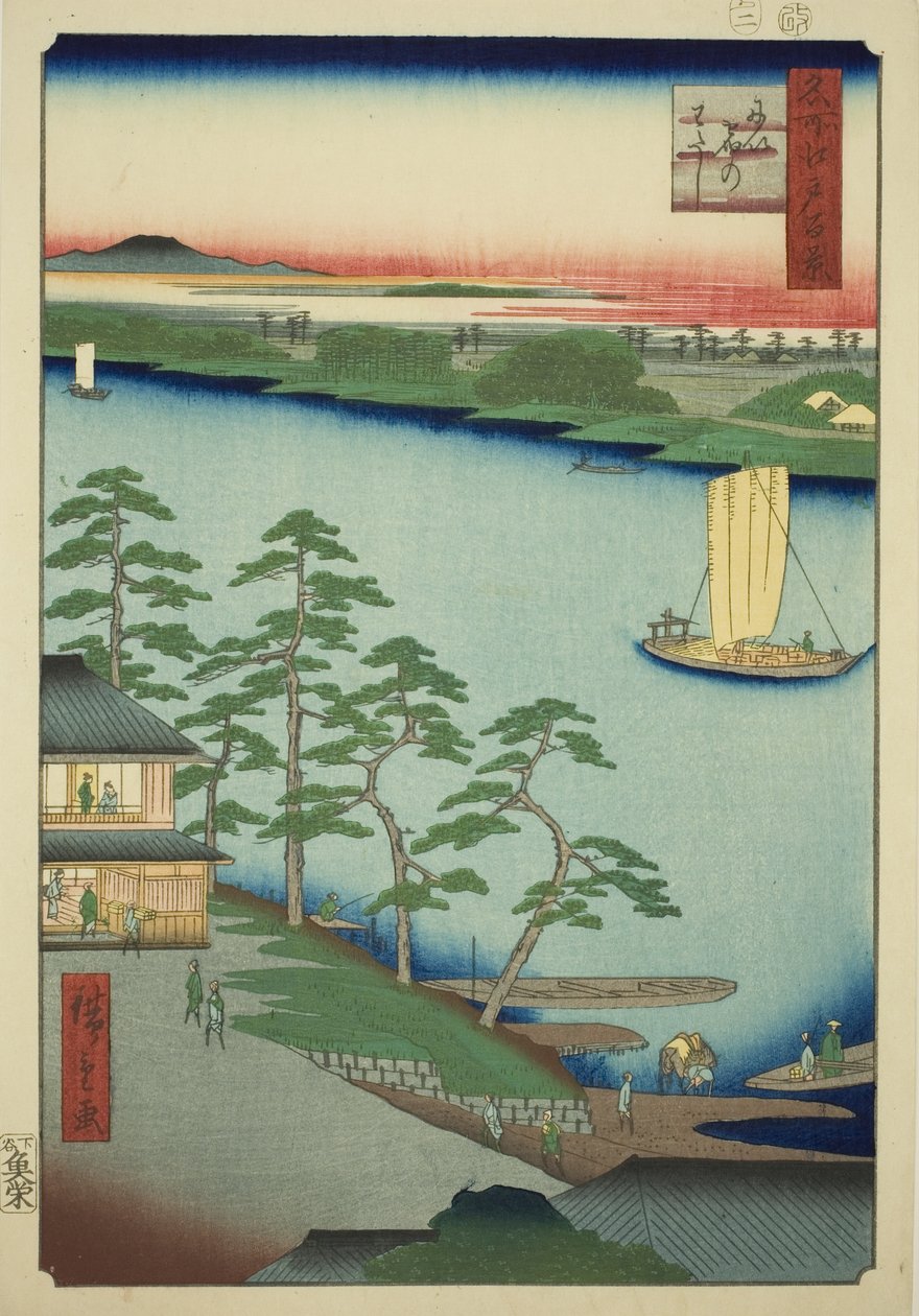 Niijuku veerboot (Niijuku no watashi), uit de serie "Honderd beroemde uitzichten van Edo (Meisho Edo hyakkei)" door Utagawa Hiroshige