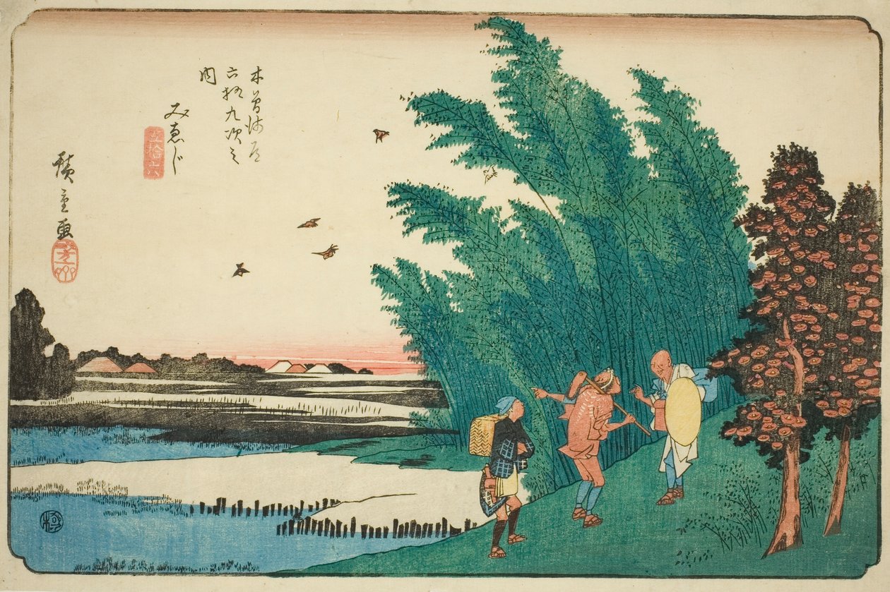 Nr. 56: Mieji, uit de serie "Negenenzestig Stations van de Kisokaido" door Utagawa Hiroshige