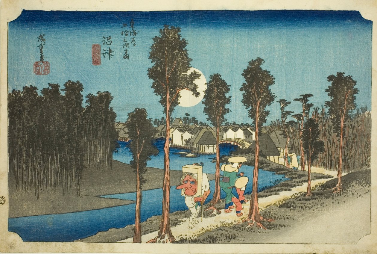 Numazu—Schemering (Numazu—tasogare zu), uit de serie De drieënvijftig stations van de Tōkaidō-weg (Tōkaidō gojūsan tsugi no uchi) door Utagawa Hiroshige