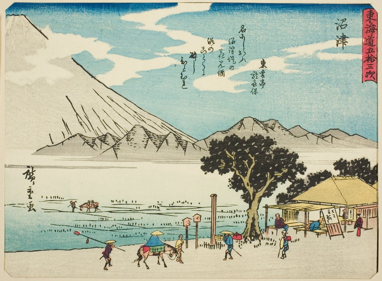 Numazu, uit de serie "Drieënvijftig Stations van de Tokaido (Tokaido gojusan tsugi)," ook bekend als de Tokaido met Gedicht (Kyoka iri Tokaido) door Utagawa Hiroshige