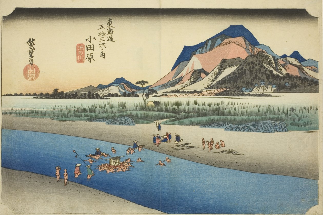 Odawara: De Sakawa Rivier (Odawara, Sakawagawa), uit de serie "Drieënvijftig Stations van de Tokaido Weg (Tokaido gojusan tsugi no uchi)," ook bekend als de Hoeido Tokaido door Utagawa Hiroshige