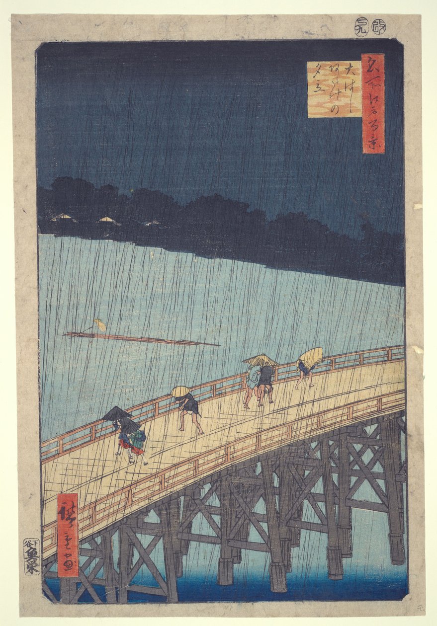 De Ōhashi-brug, Een plotselinge regenbui bij Atake, uit de serie „Honderd beroemde uitzichten van Edo“ door Utagawa Hiroshige