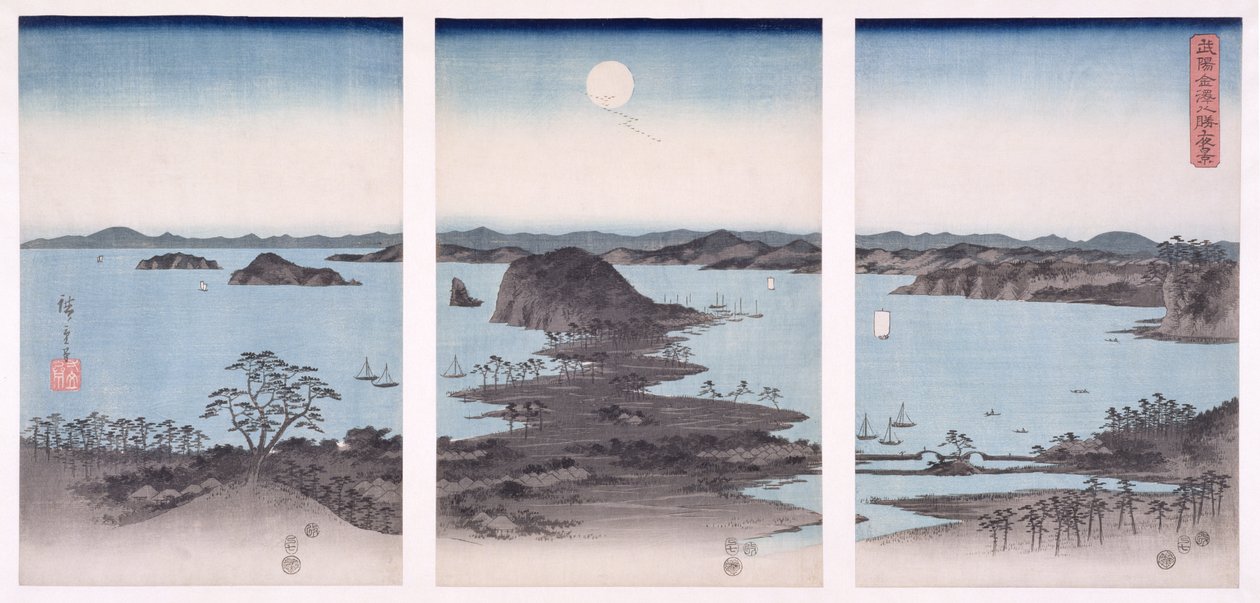 Panorama van uitzichten op Kanazawa bij volle maan, uit de serie 