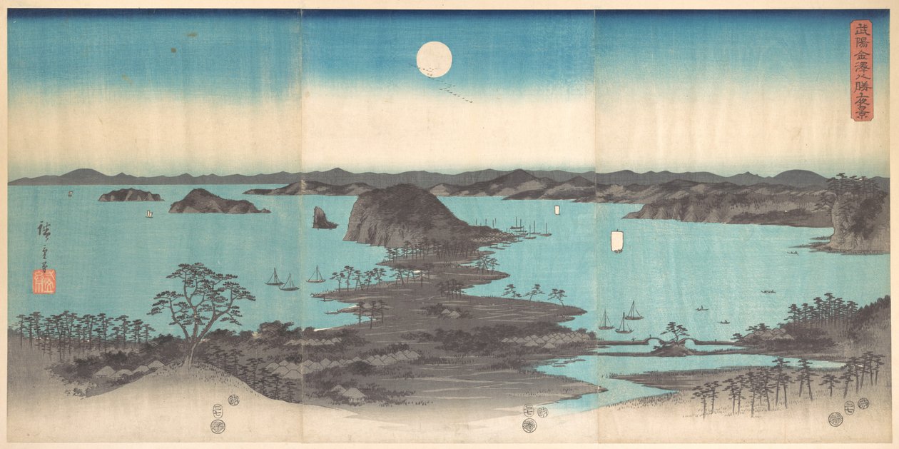 Panorama van de acht gezichten op Kanazawa bij volle maan door Utagawa Hiroshige