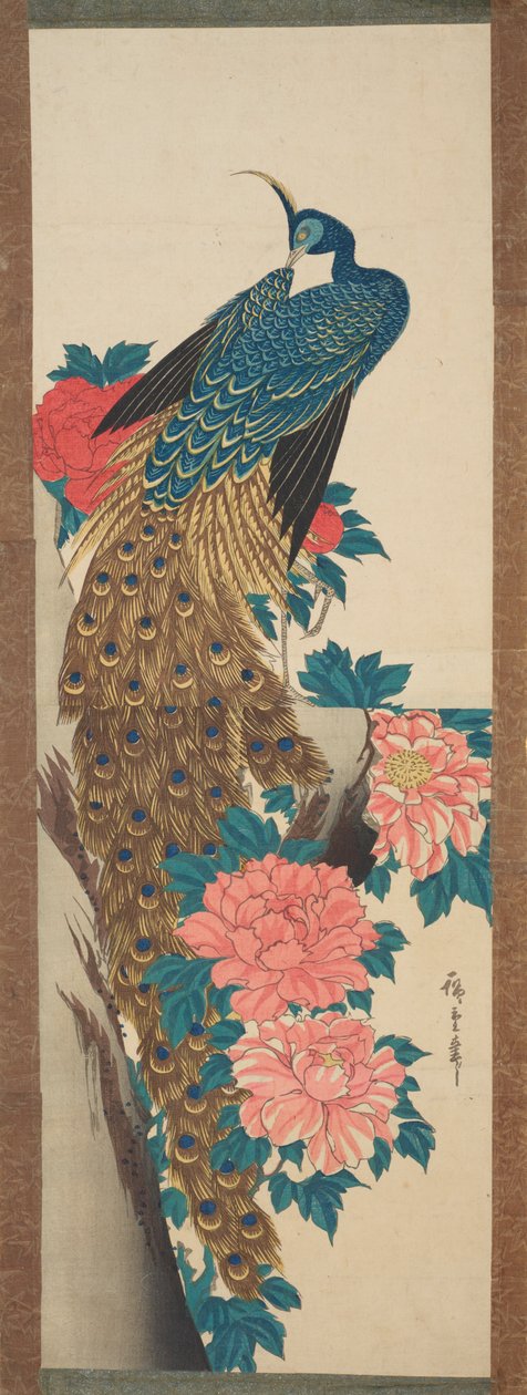 De pauw en de pioenrozen / Botan ni kujaku door Utagawa Hiroshige