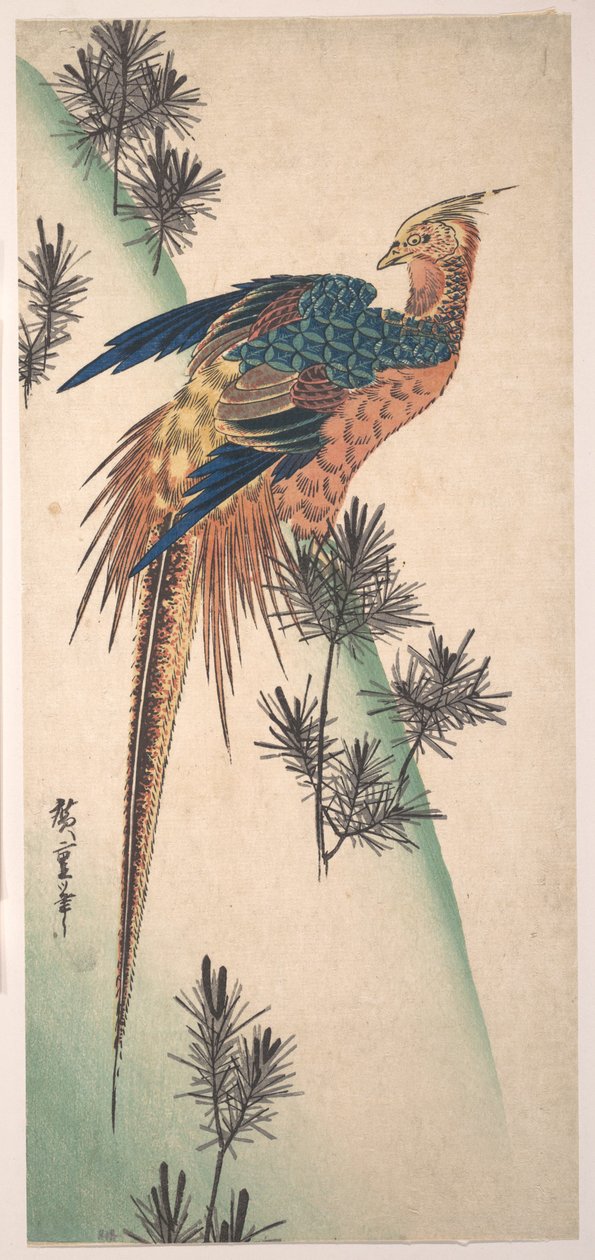 Fazant en dennen op een besneeuwde heuvelhelling door Utagawa Hiroshige
