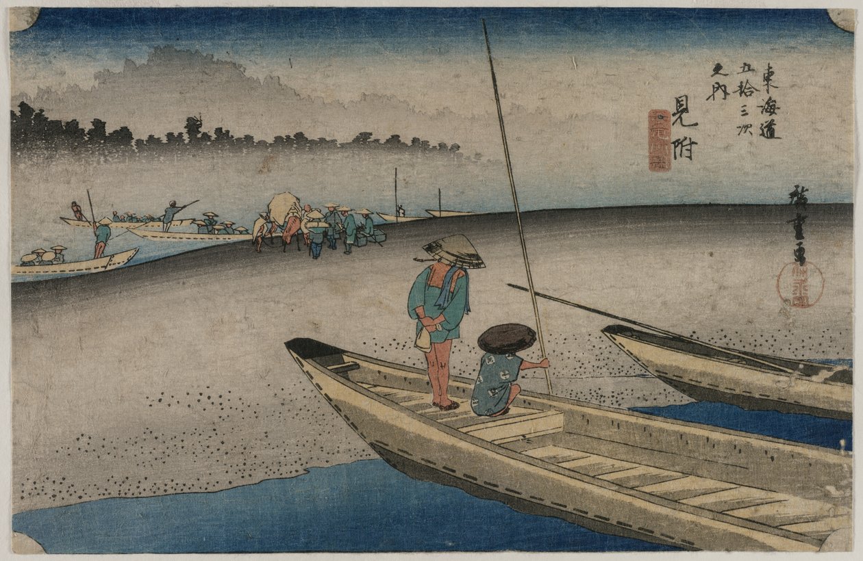 Afbeelding van de Tenryu Rivier nabij Mitsuke (Station 29), uit de serie Drieënvijftig Stations van de Tokaido door Utagawa Hiroshige