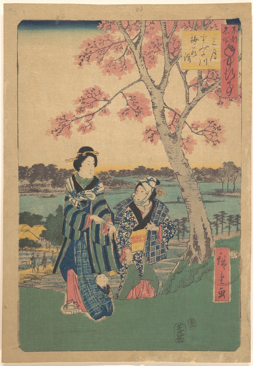 Pruimenbloesem bekijken in de derde maand bij de Sumida-rivier, uit de serie Jaarlijkse gebeurtenissen op beroemde plaatsen in de oostelijke hoofdstad (Tōto meisho nenjū gyōji sangatsu sumitagawa waka mōde) door Utagawa Hiroshige