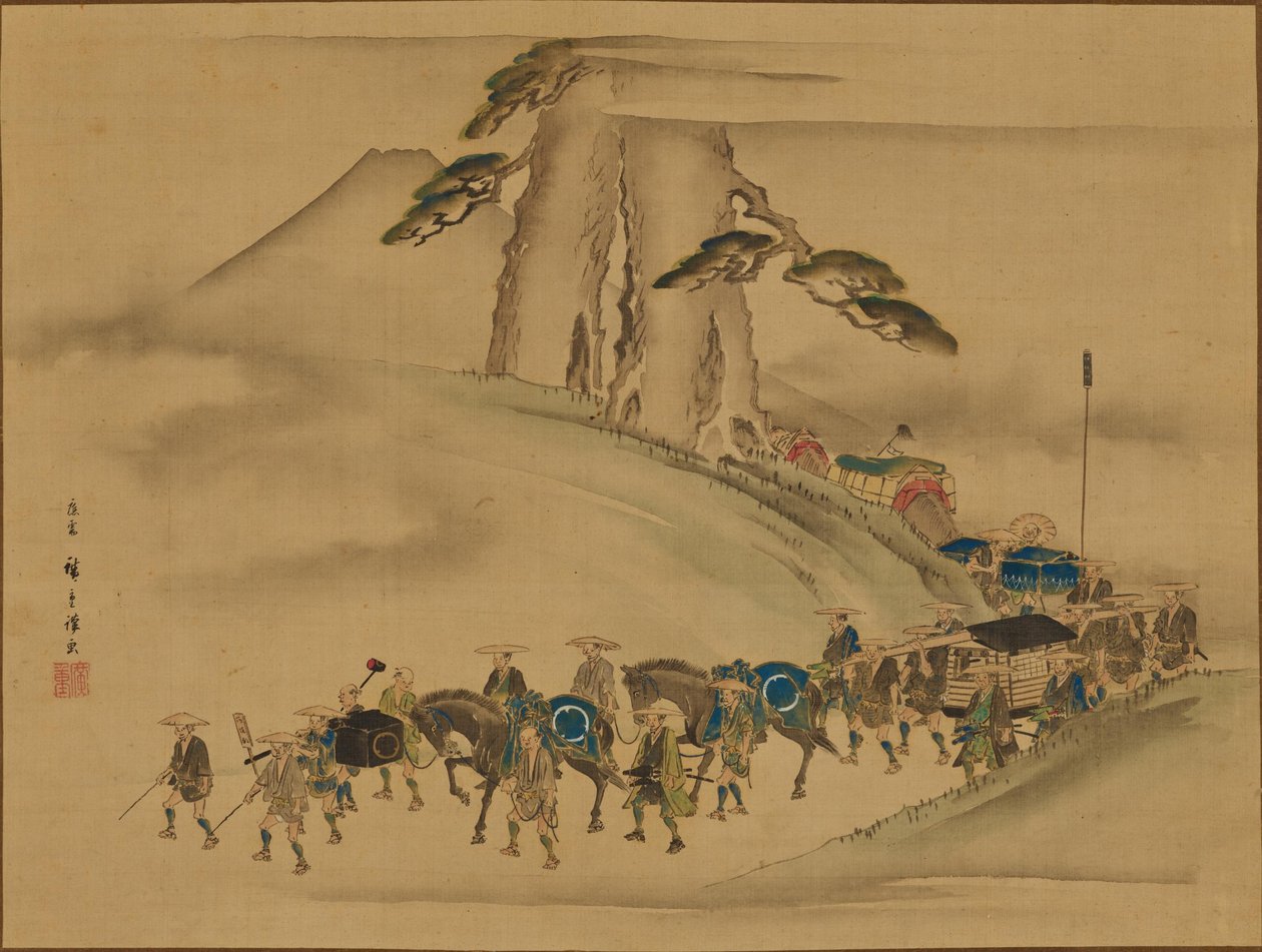 Optocht waarbij paarden als offer aan de keizer worden aangeboden door Utagawa Hiroshige
