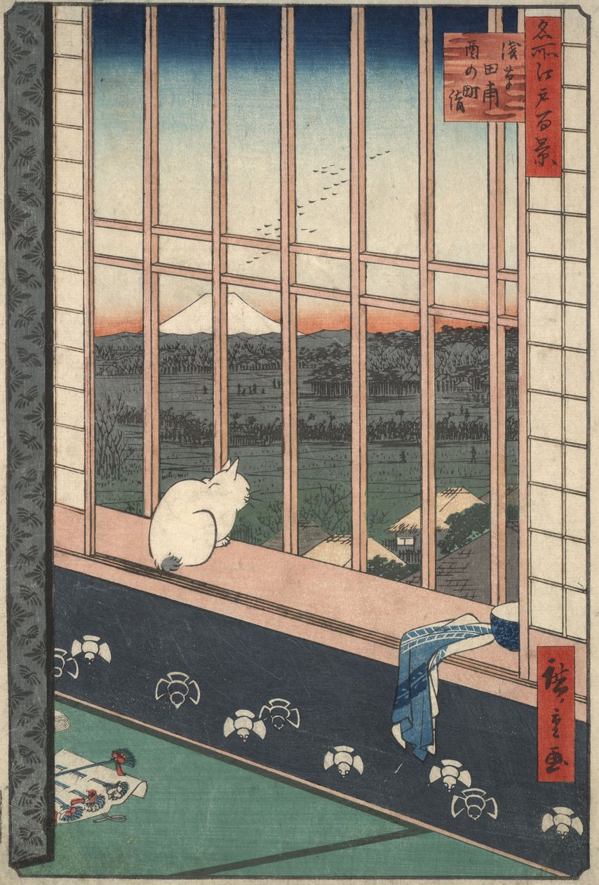 Rijstvelden bij Asakusa, feestvierders die terugkeren van het Tori no Machi-festival, uit de serie „Honderd beroemde uitzichten op Edo“ door Utagawa Hiroshige