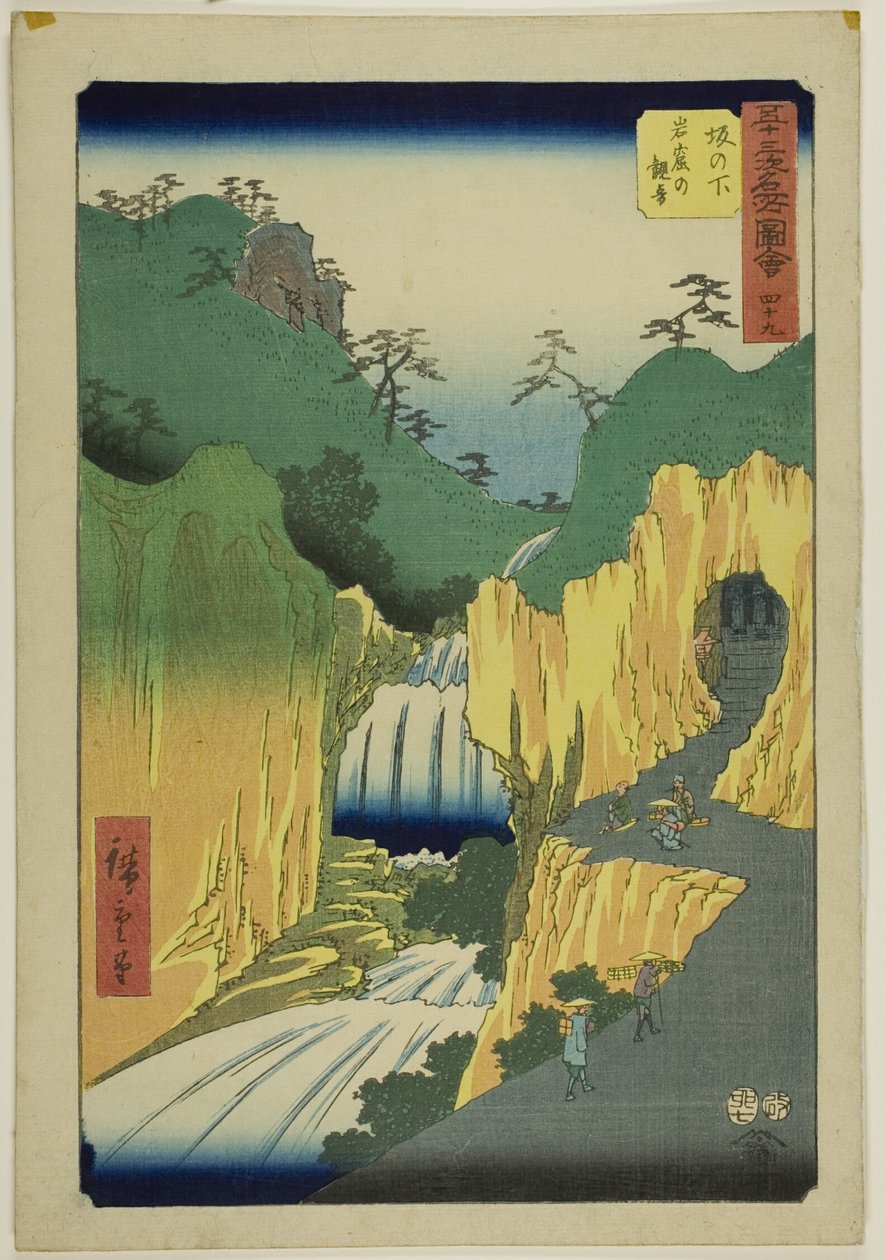 Sakanoshita: Kannon in de grot (Sakanoshita, Gankutsu no Kannon), nr. 49 uit de serie "Famous Sights of the Fifty-three Stations (Gojusan tsugi meisho zue)", ook bekend als de Vertical Tokaido. door Utagawa Hiroshige