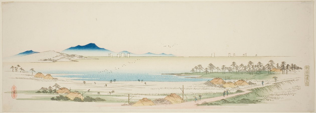 Zoutstrand bij Gyotoku (Gyotoku shiohama no zu), uit een ongetitelde serie van beroemde uitzichten op de buitenwijken van Edo door Utagawa Hiroshige