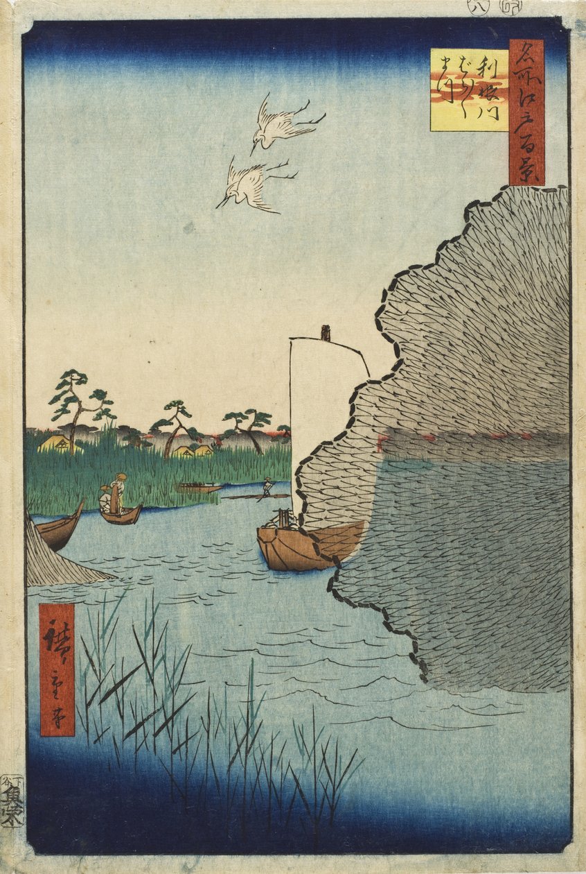 Verspreide dennen, rivier de Tone door Utagawa Hiroshige