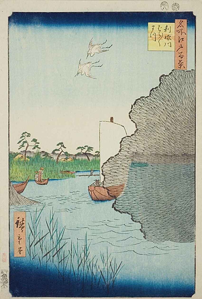 Verspreide dennenbomen aan de rivier de Tone (Tonegawa Barabara-matsu), nr. 71 uit de serie "Honderd beroemde vergezichten van Edo (Meisho Edo hyakkei)". door Utagawa Hiroshige