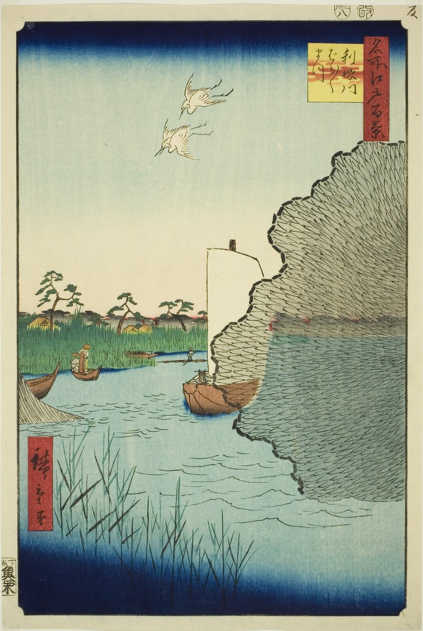 Verspreide dennen aan de Tone-rivier (Tonegawa Barabara-matsu), uit de serie "Honderd beroemde uitzichten van Edo (Meisho Edo hyakkei)" door Utagawa Hiroshige