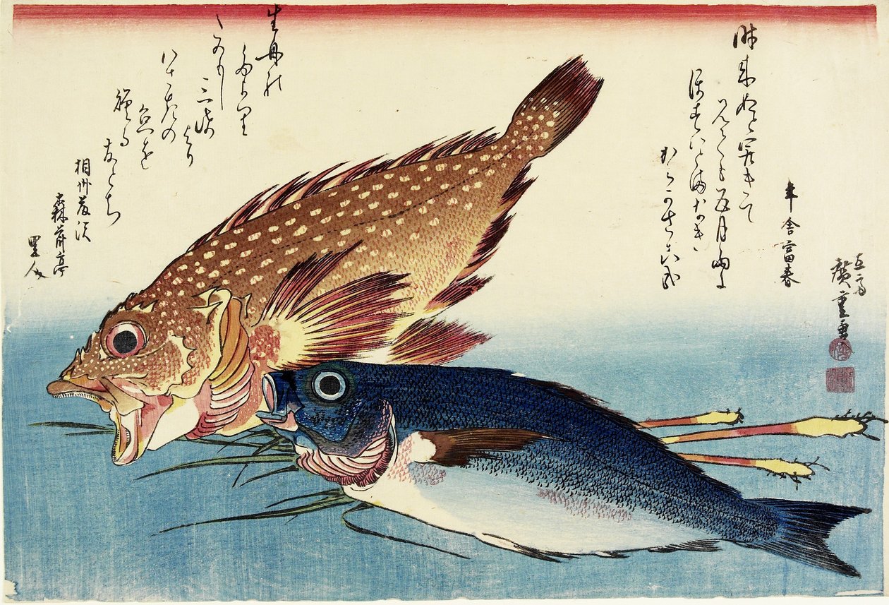 Schorpioenvis, kipgrunter en gemberstengels, ca. 1832 door Utagawa Hiroshige