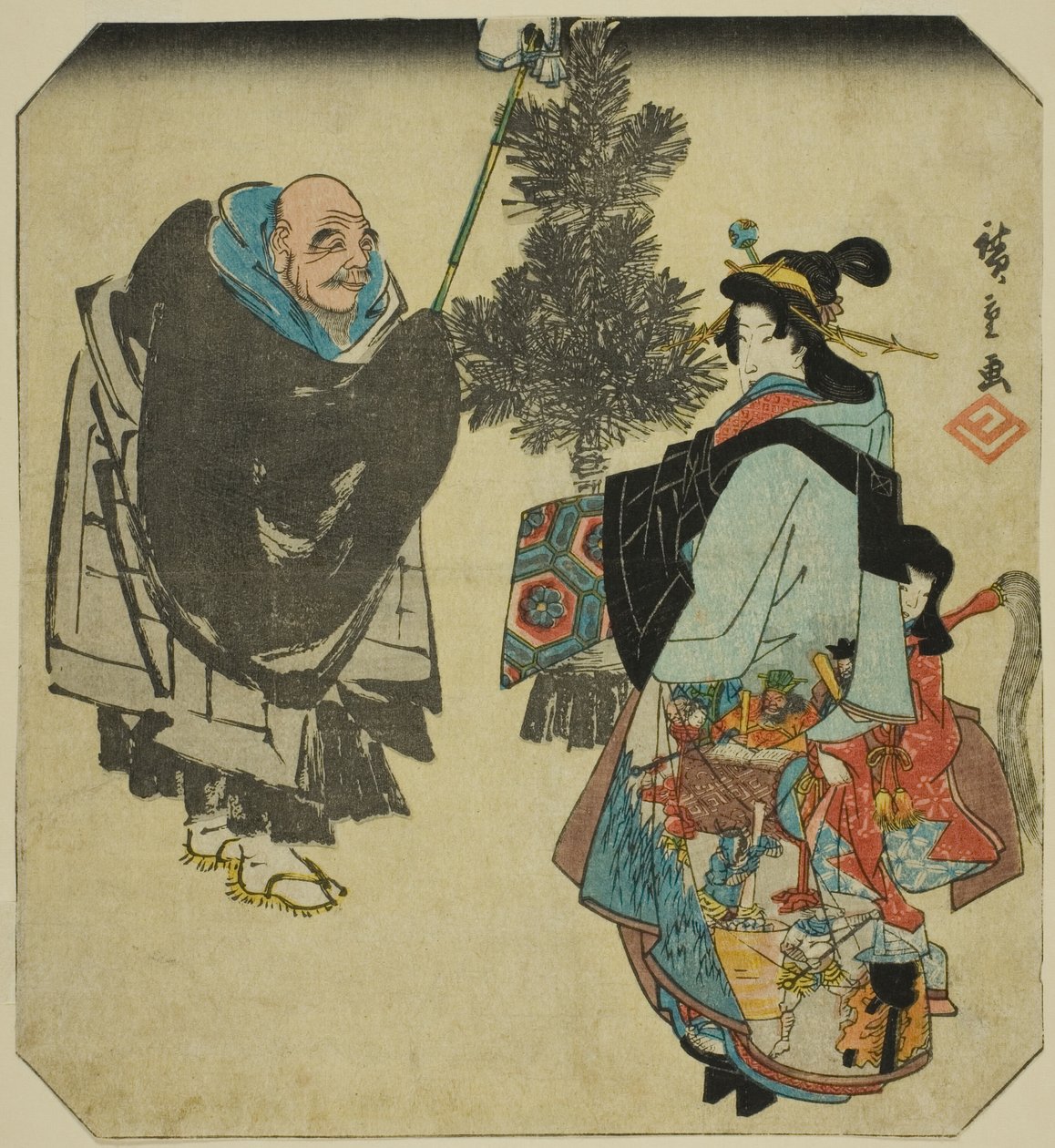 Seki: Priester Ikkyu en de Hel Courtisane, uit de serie "Drieënvijftig paringen voor de Tokaido-weg (Tokaido gojusan tsui)" door Utagawa Hiroshige