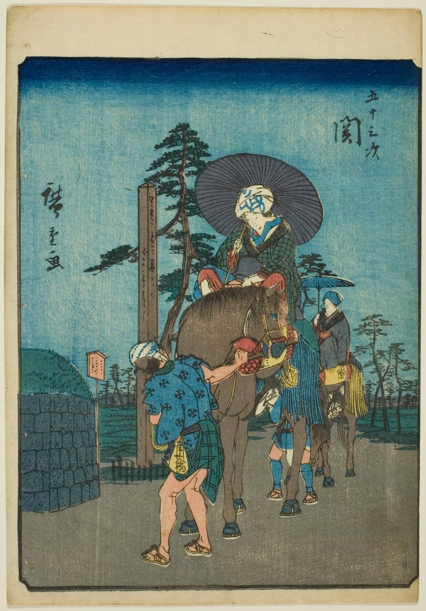 Seki, uit de serie "Drieënvijftig Stations [van de Tokaido] (Gojusan tsugi)," ook bekend als de Figuren Tokaido (Jinbutsu Tokaido) door Utagawa Hiroshige