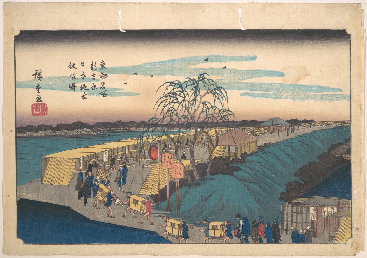 Shin-Yoshiwara, Nihon-dijk, Emonzaka bij dageraad door Utagawa Hiroshige