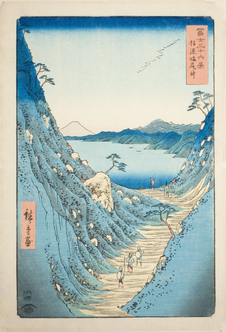 Shiojiri-pas in de Provincie Shinano (Shinano Shiojiri toge), uit de serie "Zesendertig Uitzichten op de Berg Fuji (Fuji sanjurokkei)" door Utagawa Hiroshige