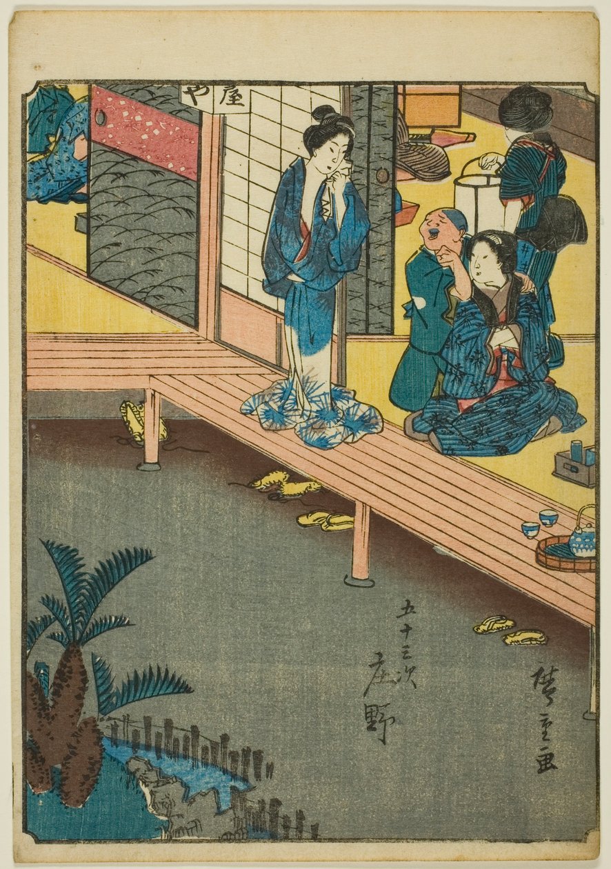 Shono, uit de serie "Drieënvijftig Stations [van de Tokaido] (Gojusan tsugi)," ook bekend als de Figuren Tokaido (Jinbutsu Tokaido) door Utagawa Hiroshige
