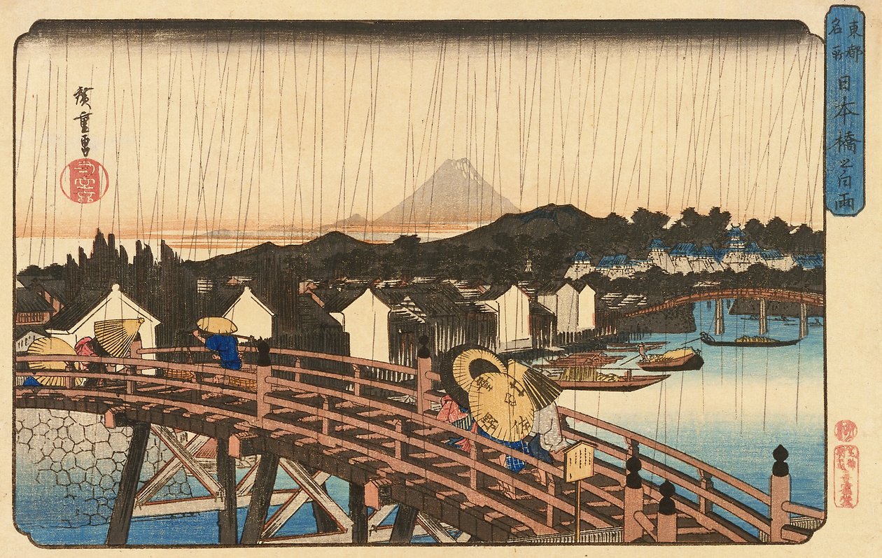 Regenbui bij Nihonbashi Brug, 1832-34 door Utagawa Hiroshige