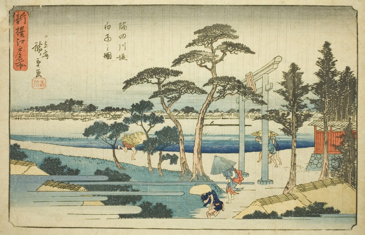 Regenbui bij de Sumida-rivierdijk (Sumidagawa zutsumi hakuu no zu), uit de serie "Nieuw Geselecteerde Beroemde Plaatsen in Edo (Shinsen Edo meisho)" door Utagawa Hiroshige