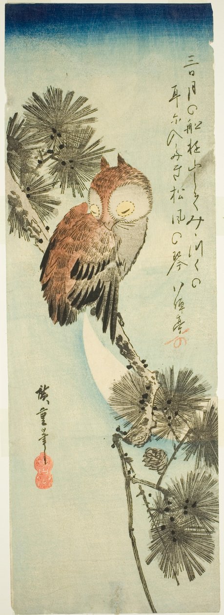 Kleine gehoornde uil, dennenboom en halve maan door Utagawa Hiroshige