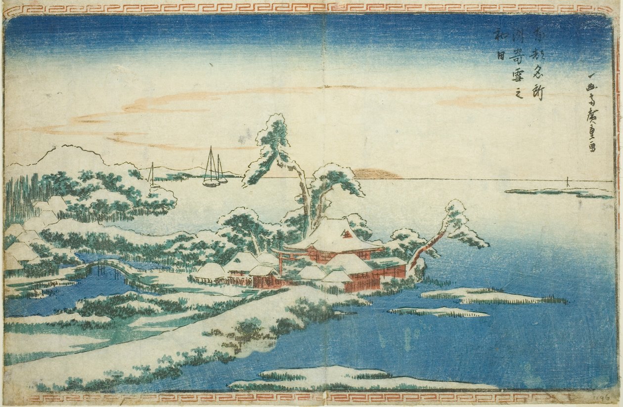 Sneeuw op nieuwjaarsdag in Susaki (Susaki yuki no hatsuhi), uit de serie "Beroemde gezichten op de oostelijke hoofdstad (Toto Meisho)". door Utagawa Hiroshige