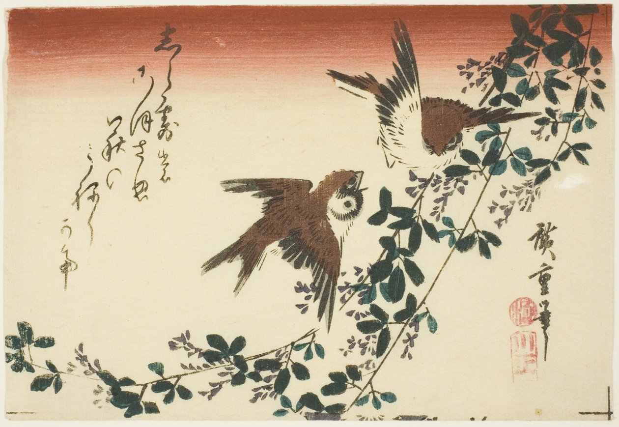 Mussen en bush clover door Utagawa Hiroshige