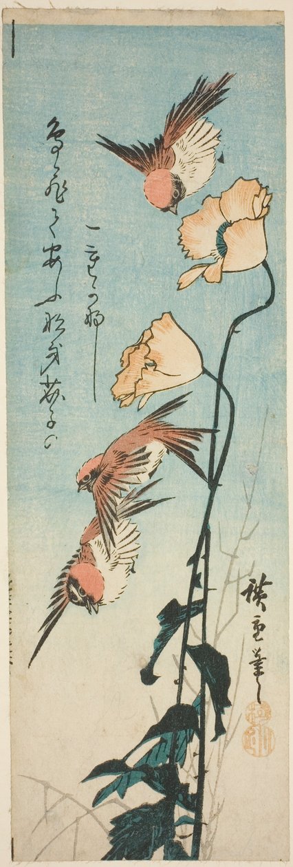 Mussen en klaprozen door Utagawa Hiroshige